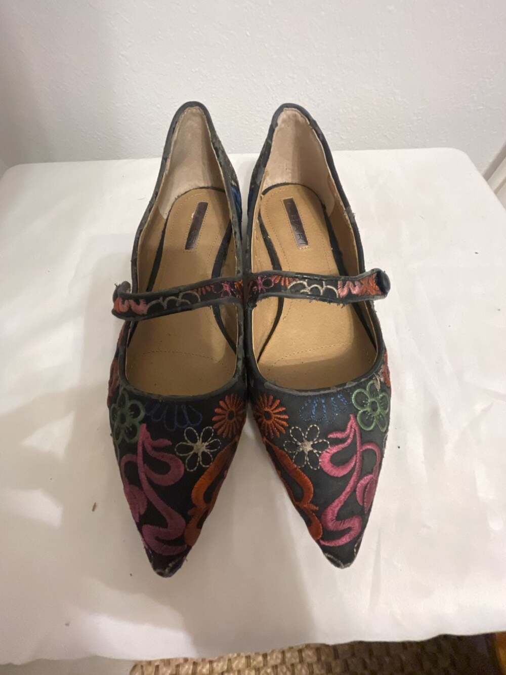 Tahari Park Size 6M Floral Embroidered Pointed Toe Mary Jane Flats